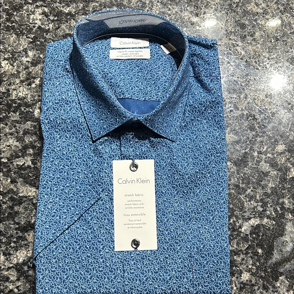 Calvin Klein Men's Blue Micro-Pattern Stretch Dress Shirt